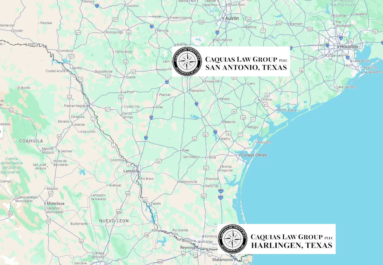 map with office locations for Caquias Law Group PLLC in San Antonio, Texas, and Harlingen, Texas
